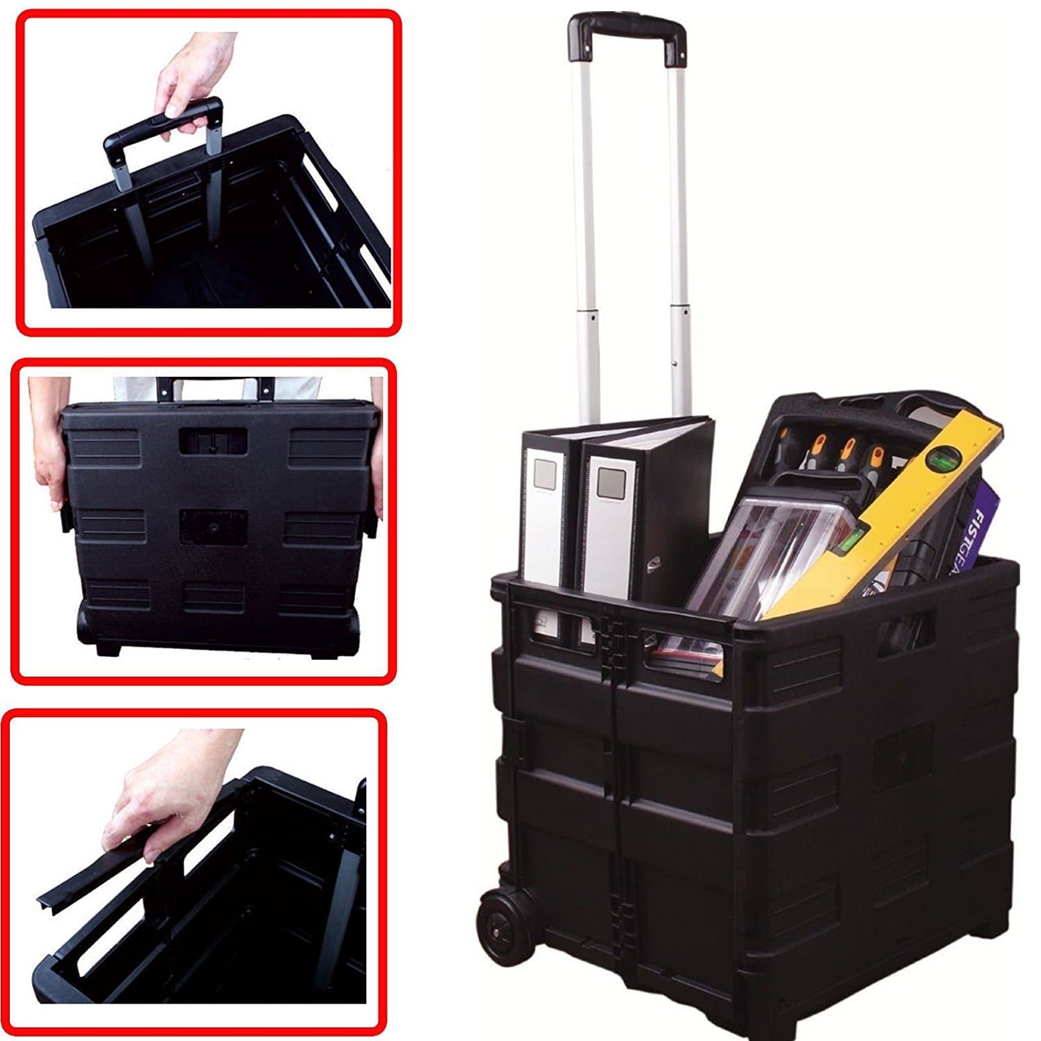 ZANBEEL NEW BLACK PLASTIC FOLDABLE MULTI USE WHEEL CART CRATE BOX FOLDING BOOT CART SHOPPING TROLLEY STORAGE WITH EXTENDING & CARRY TELESCOPIC HANDLE – BOOT TIDY 25KG