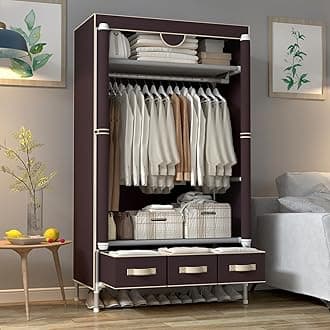 Canvas Wardrobe with 3 Drawers - Portable Closet with Hanging Rail and Shelves, 90x45x170cm Wardrobe for Bedroom, Dark Coffee