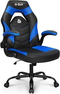 N-GEN Video Gaming Chair Ergonomic Computer Desk Office Chair with Lumbar Support Adjustable Height Swivel Wheels Flip-Up Arms PU Leather Home and Office (Blue)