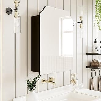 Victorian-Style Recessed Bathroom Medicine Cabinet, Wood Wall Cabinet with Curved Mirror, Bathroom Storage Cabinet, Black, 16.5x24 Inch