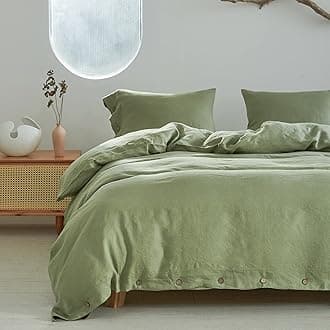 Simple&Opulence100% Linen Duvet Cover Set 3pcs with Coconut Button Closure Natural French Washed Flax Solid Color Soft Breathable Farmhouse Bedding - Sage Green, Full Size