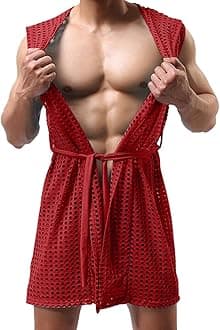 Men's Exotic Hollow Mesh Bathrobe Sexy Cardigan Shawl Top Fashionable Loungewear for Nights