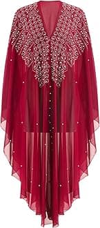 OBEEII Muslim Dress for Women Loose Batwing Sleeved Hooded Beaded Embroidery Long Abaya Dress Kaftan Abayas Islamic Robe