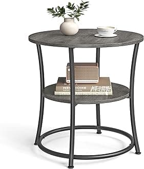 VASAGLE 21.7-Inch Round Side Table, 2-Tier End Table, Nightstand with Steel Frame, Spacious Top, for Small Spaces, Living Room, Bedroom, Misty Gray and Ink Black ULET056G68