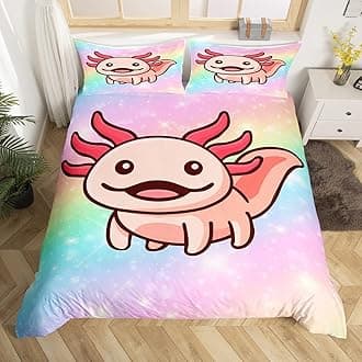 Homewish Axolotl Kids Single Duvet Cover Set 2 Pieces, Pastel Rainbow Rainbow Bedding Set Single for Girls Boys Teens, Pink Reversible Quilt Cover, Cute Cartoon Animal Print Bed Set, Microfibre