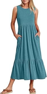 Women Summer Casual Sleeveless Crewneck Sundress Aline Flowy Tiered Maxi Long Beach Dress Vacation Outfits