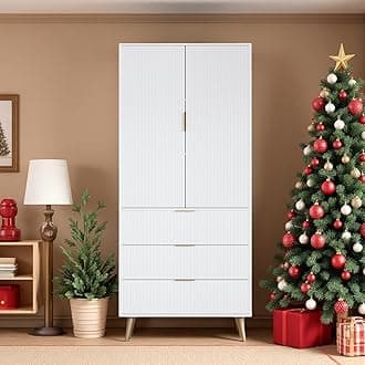 FONTOI Pantry Cabinet, Modern Kitchen Pantry Storage Cabinet with 3 Drawers 2 Doors, Wood Cupboard with Adjustable Shelves & Fluted Panel Design, Tall Storage Cabinet for Living Room, Kitchen, White