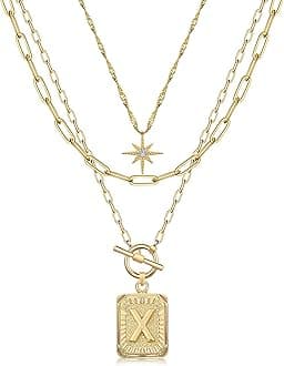 MJartoria Layered Initial Necklaces for Women Trendy, 14K Gold Plated Brass Simple Star Choker Square Letter Pendant Necklace, Paperclip Chain Necklaces Jewelry Gifts