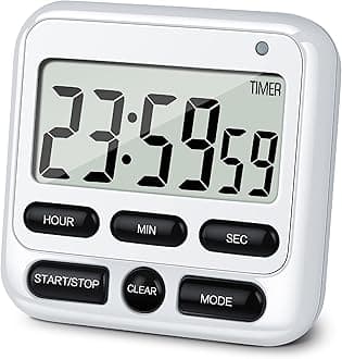 KTKUDY Digital Kitchen Timer with Mute/Loud Alarm Switch ON/Off Switch, 12-Hour Clock & Alarm, Memory Function Count Up & Count Down for Kids Teachers Cooking, Large LCD Display, Strong Magnet (White)