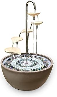 HYDRIA Large 45cm Taupe Leaf Cascade Indoor Outdoor Water Feature, Battery Powered Fountain, includes Glass Mosaic, Porcelain Bowl, Up to 100 Hours per Charge, USB Charging, British Brand, Wireless