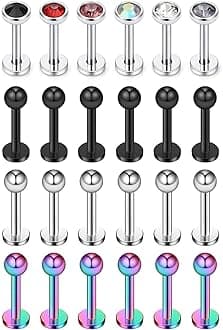 Ruifan24PCS 16G 316L Stainless Steel 3mm Jeweled CZ Labret Monroe Lip Ring Tragus Helix Cartilage Earring Stud Barbell 10mm Bar Length Body Piercing Jewelry