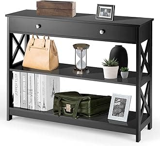 CASART 3-Tier Console Table, X-Design Wooden Side End Table with a Drawer & Shelves, Narrow Sofa Table Hall Desk for Living Room Bedroom Entryway (Black)