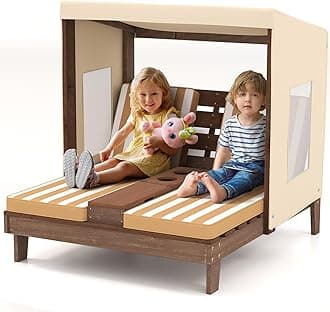 HONEY JOY Kids Chaise Lounge Chair Outdoor, Toddler Wood Double Pool Lounger Chairs w/Canopy, Cup Holders, Removable Stripped Fabric Cushions, 2-Person Kids Patio Furniture for Backyard (Coffee)