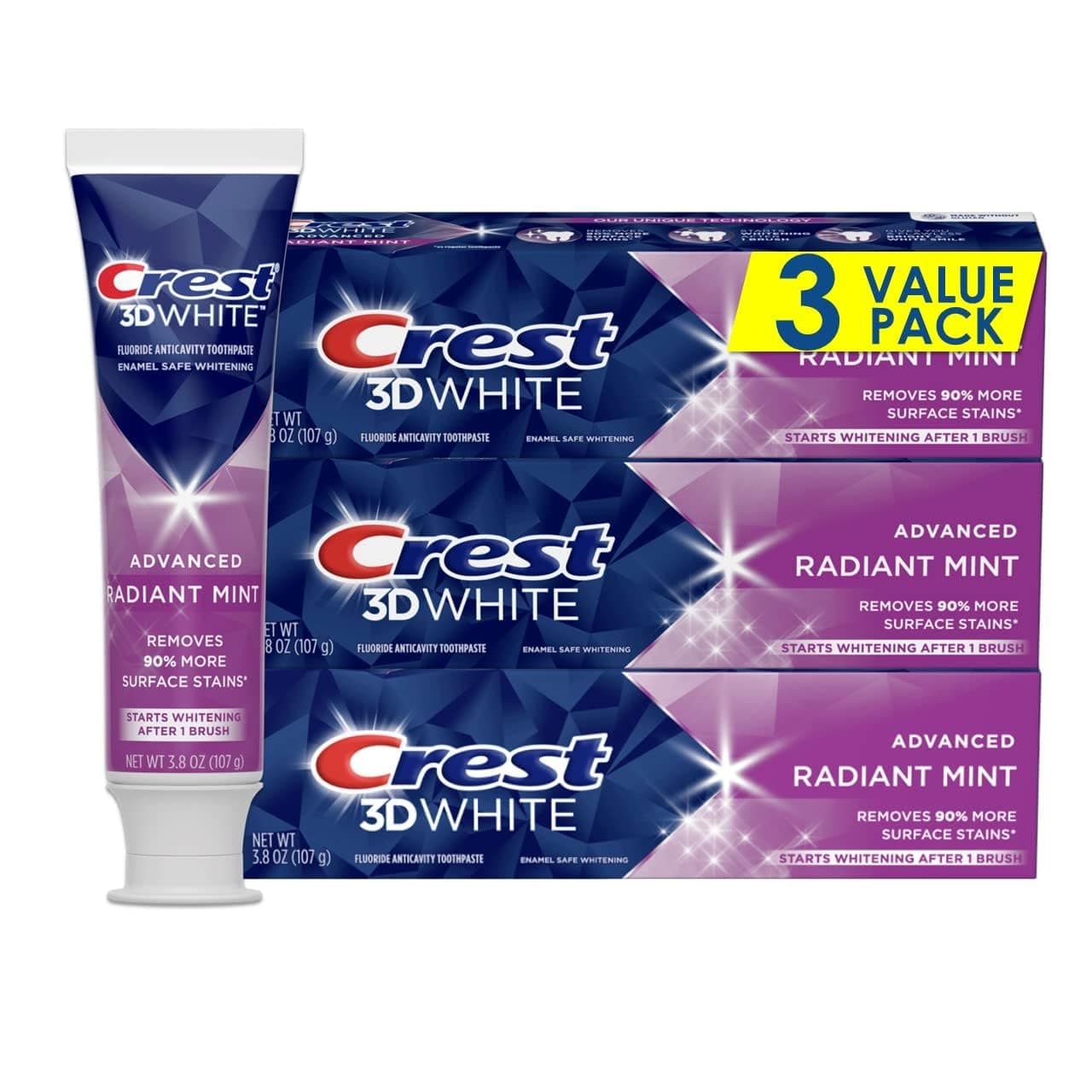3D White, Whitening Toothpaste, Radiant Mint, 3.3 Ounce, Pack of 3