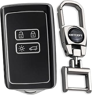 Keycept™ Silver Line TPU Key Cover Suitable For Renault Triber, Kiger 4 button Smart card key with Keychain. (Type 2, Black)