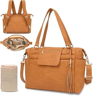 Omanmoli Diaper Bag Tote Leather Diaper Backpack Large Baby Bag 14 Diaper Bag Organizing Pouches,Changing Pad,Crossbody Strap,4 Insulated Pockets,Honey