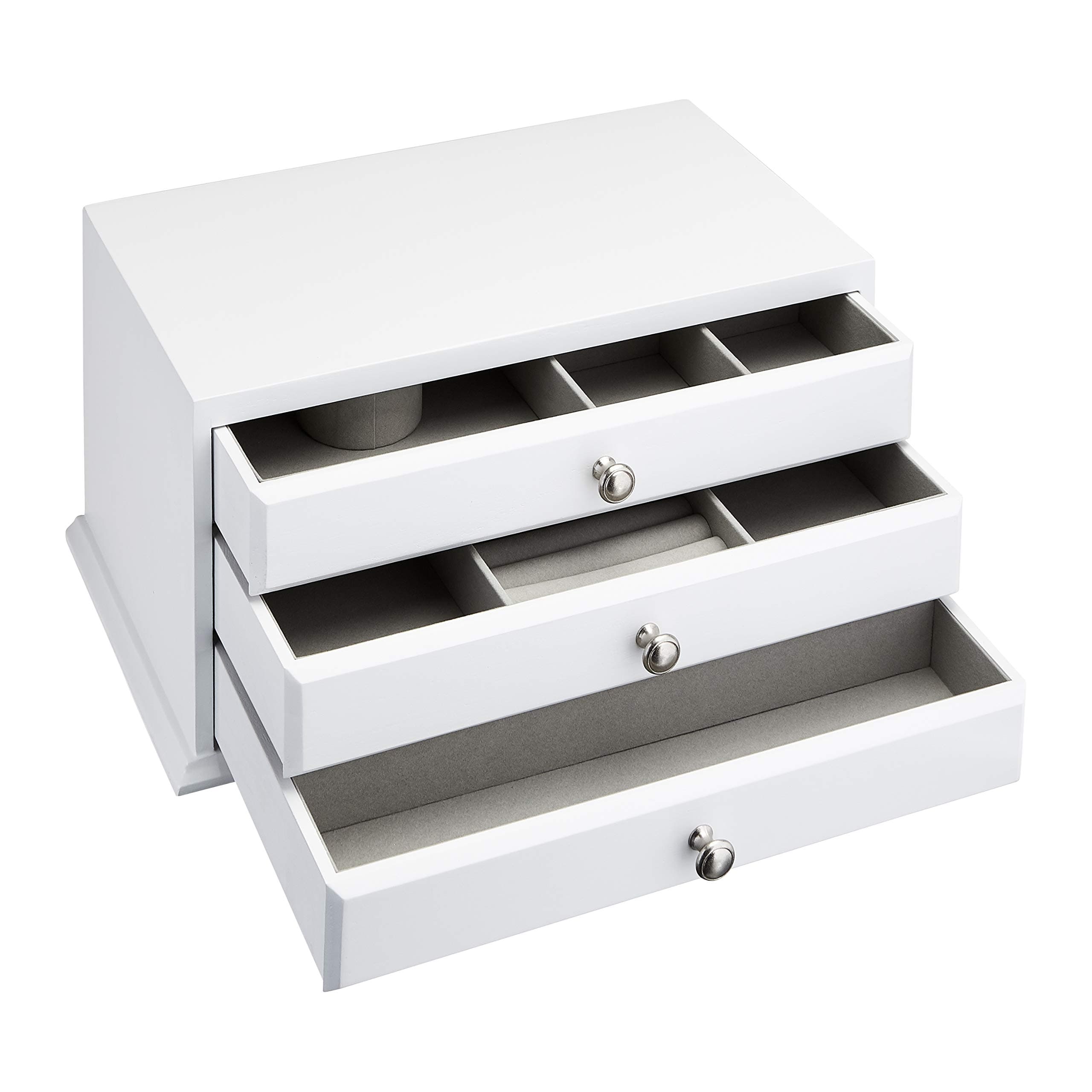Amazon Basics Wooden Jewelry/Watch Box with Solid Top - 3-Drawer, White