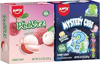 AMOS Peelerz Lychee Gummy Candy & Peelerz Mystery Cube, Peelable Fruit-Shaped Candy, 8.47oz Box with 10 Individual Packs – Fun Peeling Gummy Snack Made with Real Juice (2-Box Bundle)