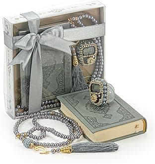 İhvan Online Medina Calligraphy Quran Set with Islamic Finger Counter, Portable Digital Prayer Tasbeeh, Pearl Zikirmatic Beads, 3 Pieces Gift for Ramadan & Eid & Mawlid (Gray)