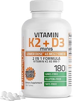 Vitamin K2 (MK7) with D3 Lower Dose 45mcg Vitamin K2 & 1000 IU Vitamin D3 Easy to Swallow Daily Maintenance 2 in 1 Formula Non-GMO, 180 Mini Tablets
