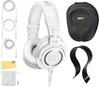 ATH-M50x Professional Monitor Headphones - White Bundle with Case, Stand, and Austin Bazaar Polishing Cloth