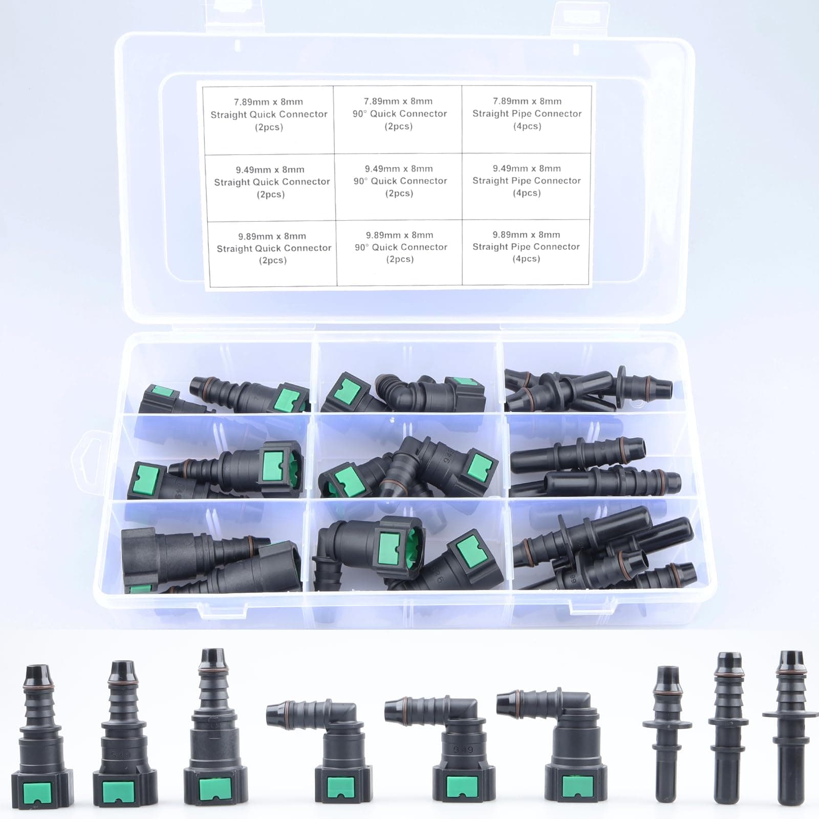– 24PCS Assorted Fuel Line Quick Connector Kit, SAE 7.89mm & 9.49mm & 9.89mm to 8mm