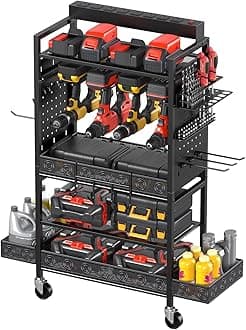 CCCEI Garage Power Tools Organizer Cart with Charging Station, Black Floor Standing Rolling Drill and Tools Battery Storage Cart on Wheels. Black Utility Rack Gift for Men, Husband, Father.