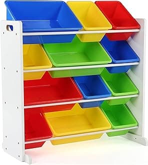 Children's Shelf, Toy Organiser Shelf with 12 Storage Boxes, White/Primary