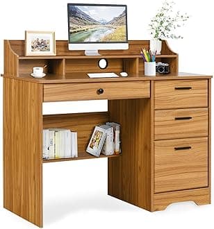 Computer Desk with 4 Drawers and Storage, Small Office Desk with File Drawers and Hutch, Farmhouse Wood Writing Student Table for Home Office, Bedroom, Rustic Brown