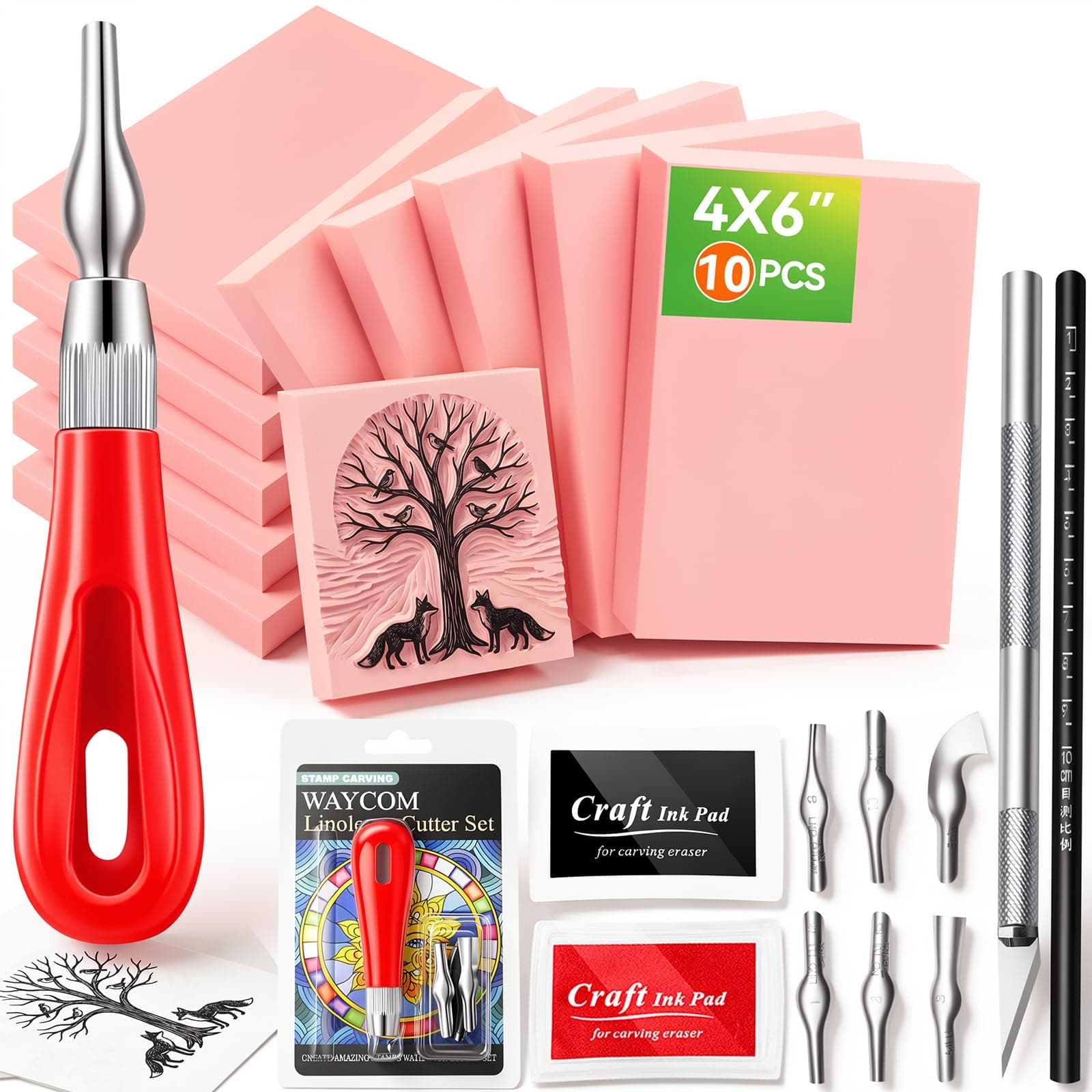 WAYCOM 10-Pack Linoleum Blocks for Printmaking with Cutter Tools, Rubber Stamp Making Kit Rubber Block Stamp Carving Blocks Craft Ink Pad Hobby Knife Pencil for DIY Printmaking,Printing and More