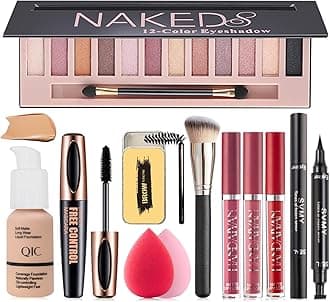 All in One Makeup Kit, 12 Colors Eyeshadow Palette, Beige Foundation, Lipstick Set, Eyebrow Soap, Eyeliner Stamp, Waterproof Mascara, Makeup Brush, Makeup Sponge, Gift Set for Women, Girls & Teens