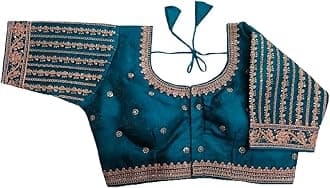 Pujia Mills Women's Readymade Blouse Embroidery Multi Coding Gold Thread Indian Ethnic Designer Stitched Readymade Saree Half Sleeve Blouse for Women for Saree Lehenga Choli