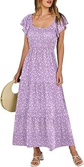 ANRABESS Women’s Casual Summer Maxi Dress Flutter Short Sleeve Scoop Neck Smocked A Line Flowy Beach Vacation Long Dresses