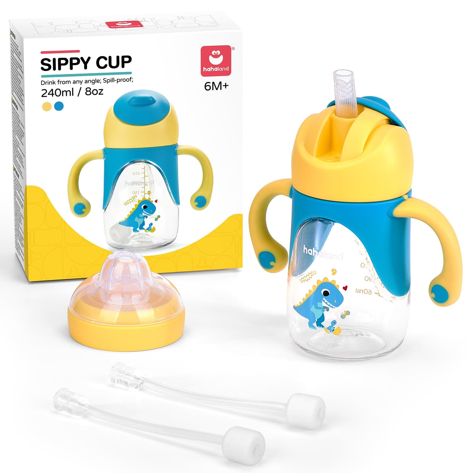 hahaland Sippy Cup for 6+ Month Old - 2 in 1 Spout & Straw Sippy Cups for Toddlers 1-3 No Spill Transition Weighted Straw Toddler Cups - 1 Cup with 2 Nipples