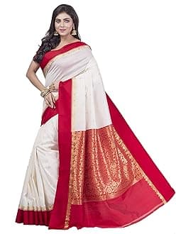 Women Art Silk Traditional Bengali Lal Par Kanjivaram Saree with Blouse Piece (White Red)