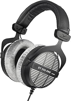 DT 990 PRO, 80 Ohm, Open Back, Over Ear, Wired Professional Studio Headphones, Gaming, Podcast, Audiophile, Mixing, 3m Straight Cable, Black with Gray Velour Ear Pads