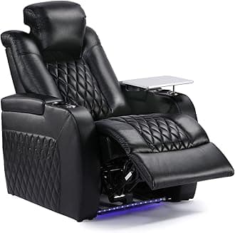 Home Theater Seating Top Grain Leather Zero Gravity Recliner Chair Power Headrest Recline Movie Seat Gaming 7 Colors Mood Light Sofa with Tray Table USB Charge Row of 1 Black