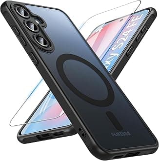OWKEY for Samsung Galaxy S24 FE Case 6.7'', Magnetic Galaxy S24 FE Case for Magsafe with Tempered Screen Protector [Shockproof Military] Translucent Matte Bumper Phone Cover Samsung S24 FE 5G, Black