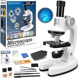 deAO Microscope for Kids 1200X High-Power Science Microscope Kit with LED Light Mobile Phone Adapter 3D Slides, Magnifying Glass, Test Tubes, Color Filters, Stem Toys Science Explorer Tool, 8+ Years