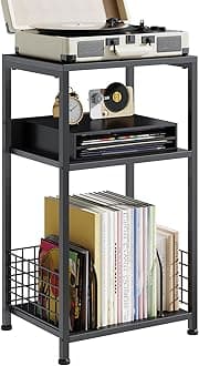 DUMOS 3 Tier Side Table,Record Player Stand with Storage Up to 100 Albums,Turntable Stand for Vinyl,Brown Records Shelf for Living Room Bedroom Black 1 Pack