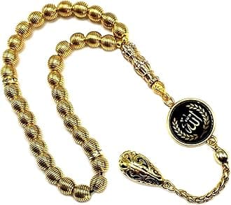 -Antique Silver Plated Collection- Worry Beads-Prayer Beads-Tesbih-Tasbih-Tasbeeh-Misbaha-Masbaha-Subha-Sebha-Sibha (Antique Gold Plated and Rhinestone Alloy Beaded and Allah Tassel -7 mm-33 Beads)