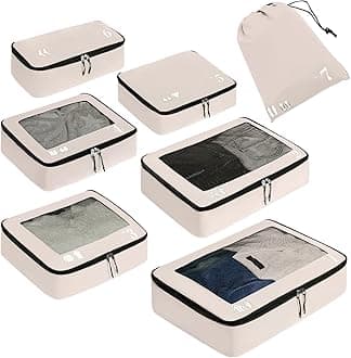 ECOHUB Packing Cubes for Suitcase 7 PCS Travel Organiser Packing Bags Recycled PET Eco Friendly Travel Accessories Shoes Bags Storage Bag Luggage Organiser Pouch(Beige)