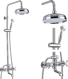 gotonovo Bathroom Shower Faucet Rain Mixer 8 Inch Round Shower Head Double Cross Handle with Tub Spout Wall Mount Bathroom Shower Fixtures 3 Function Metal Handheld Sprayer Polished Chrome