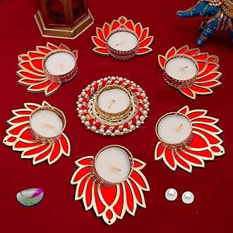 Handcrafted 7 Pc Red Lotus Chudi Diya Rangoli No Scent Candles With Wax For Diwali Ganesh Chaturthi Laxmi Pooja Home Temple Rangoli Diya Floor Light Decoration
