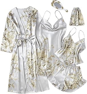 GORGLITTER Women's 5 Piece Floral Print Satin Silk Pajama Set Nightgown Robe Cami Shorts Sleepwear Pj Sets