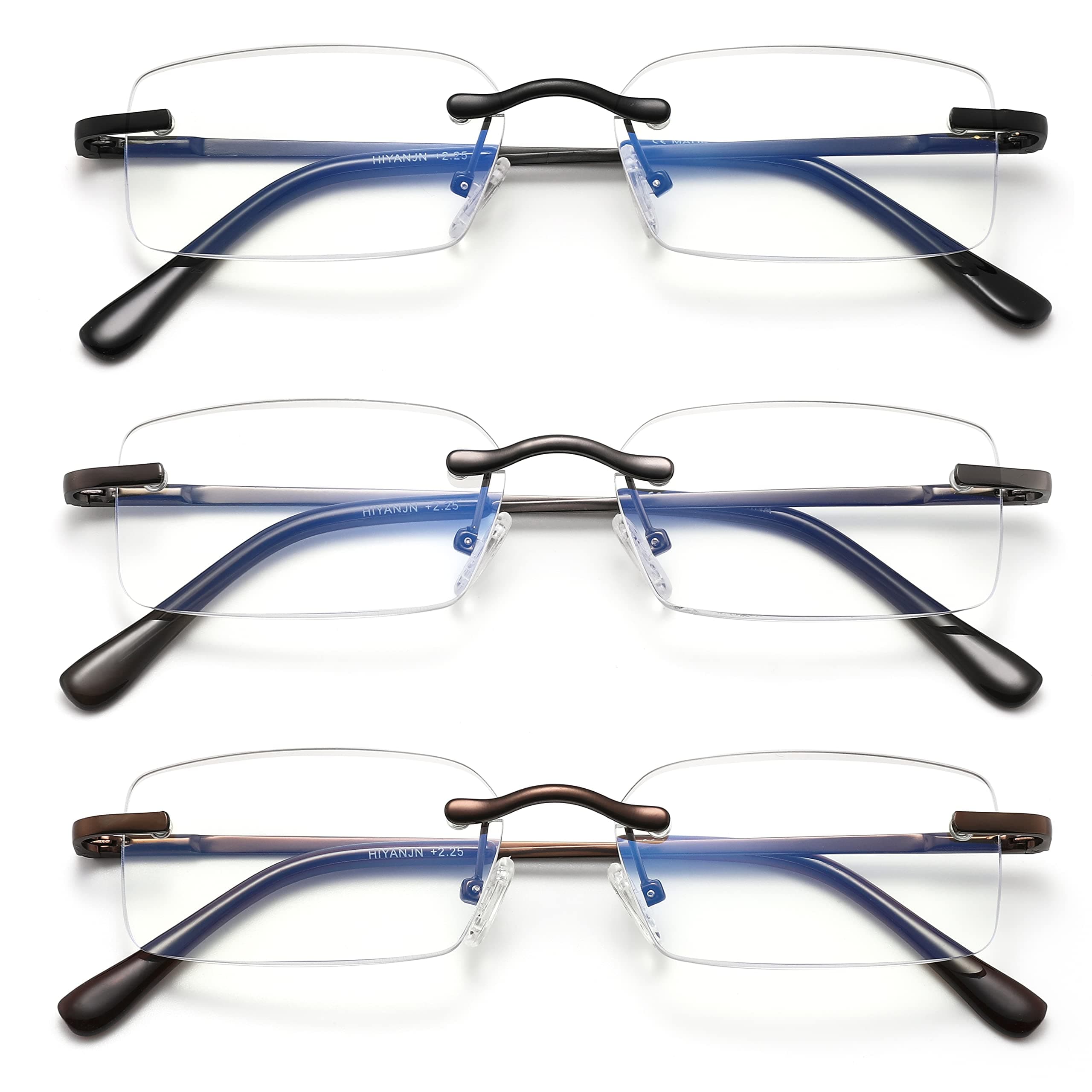 HIYANJN Frameless Reading Glasses Blue Light Blocking Rimless Computer Reader For men Lightweight Eyeglasses(3-Pack,1.00)