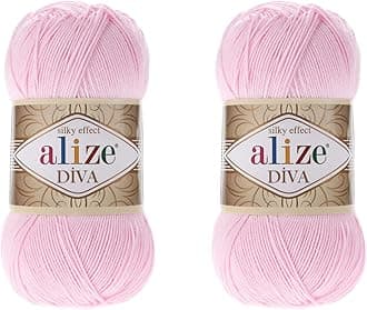 Diva Hand Knitting Yarn - 100% Microfiber Acrylic With Silk Effect - Crochet Art Lace Craft - 2 Skeins, 200gr, 767 Yds (185-Baby Pink)