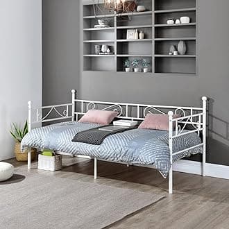 DORAFAIR Metal Day Bed Frame Guest Sofa Bed for Living Room Bed Room, Daybeds with Solid Metal Slat Mattress Platform Base, White