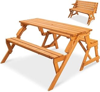 Best Choice Products 2-in-1 Transforming Interchangeable Outdoor Wooden Picnic Table Garden Bench for Backyard, Porch, Patio, Deck w/Umbrella Hole - Natural