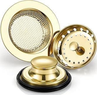 Mudder 3 Pcs Kitchen Sink Drain Strainer and Stopper Stainless Steel Garbage Disposal Plug with Handle Universal Anti-Clogging Kitchen Sink Filter Sieve Basket Strainer(Light Gold)